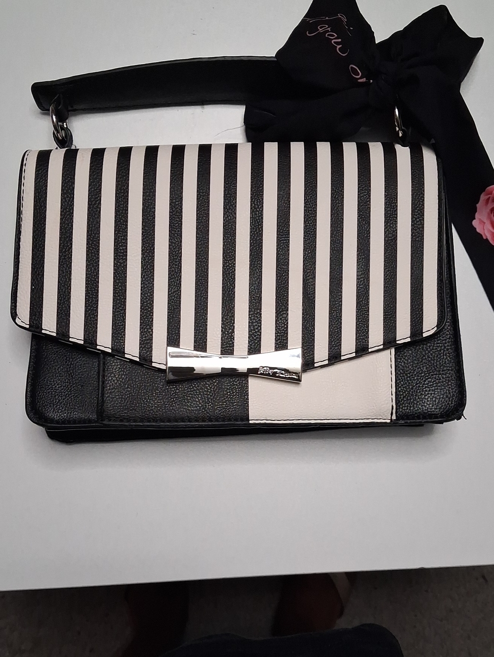 Rehabable Black & White Striped Crossbody Bag with Bow Accent